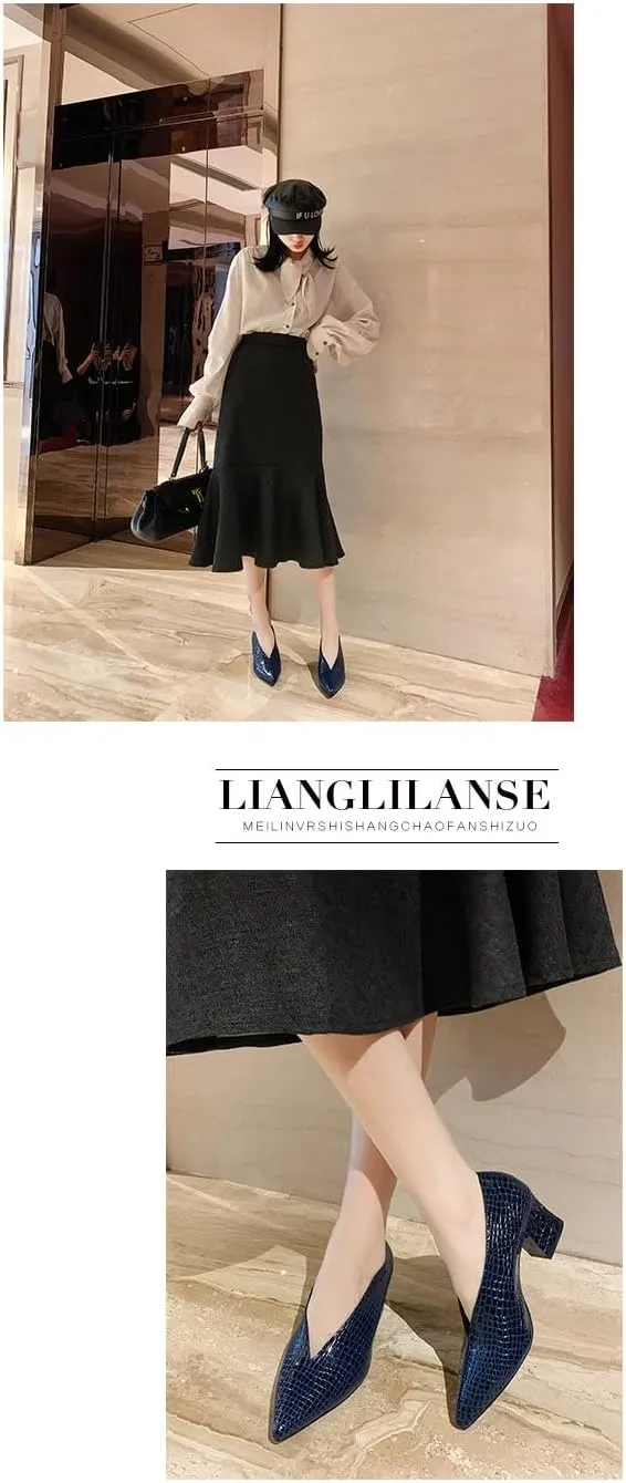 Women's Faux Crocodile Leather V Mouth Block Heels, Pointed Toe Boots