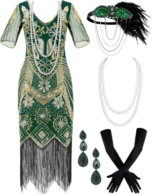 Women's Flapper Dress 1920s Vintage Fringed Sequin Dress Great Gatsby 1920s dresses Set for Women Christmas Party