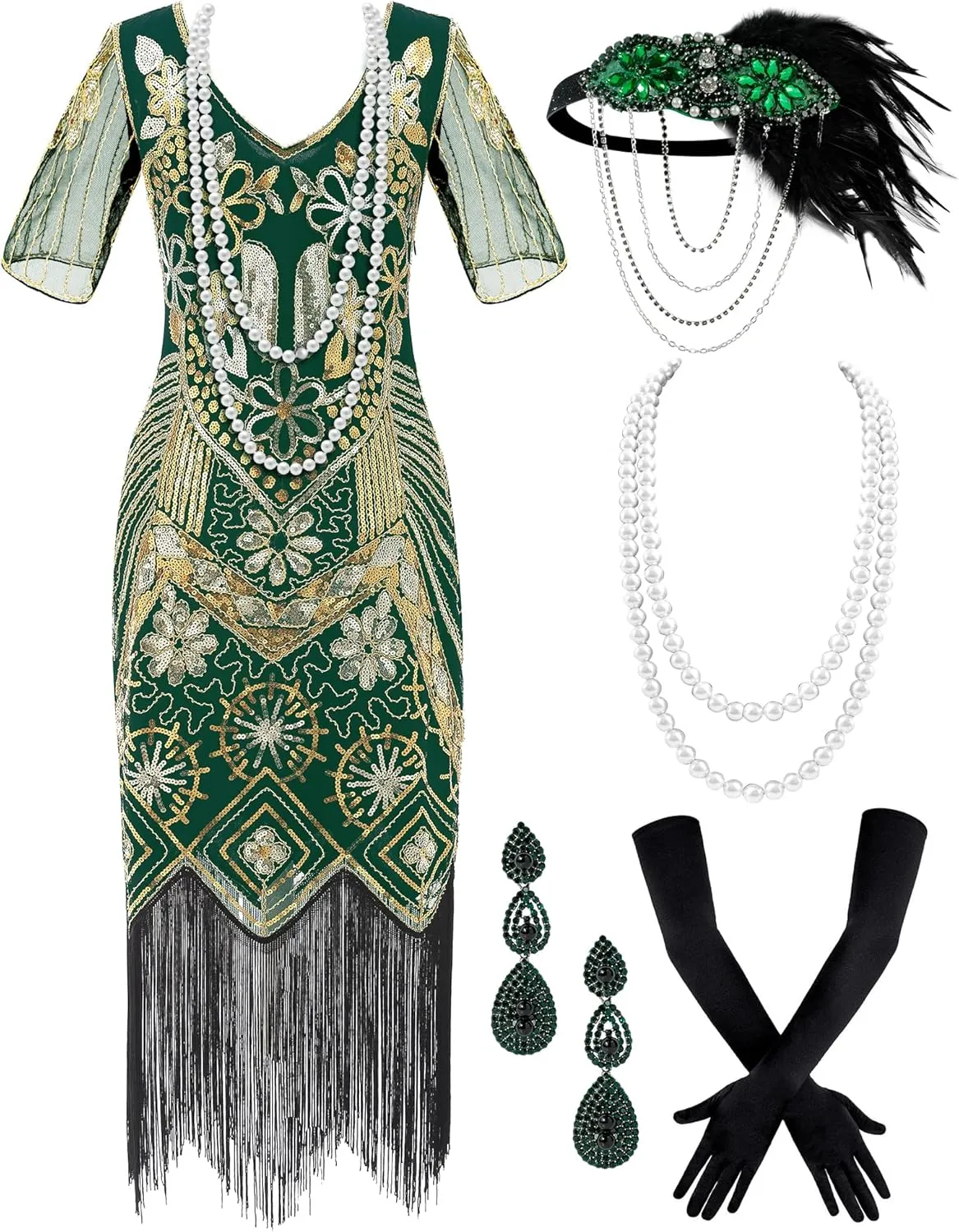 Women's Flapper Dress 1920s Vintage Fringed Sequin Dress Great Gatsby 1920s dresses Set for Women Christmas Party