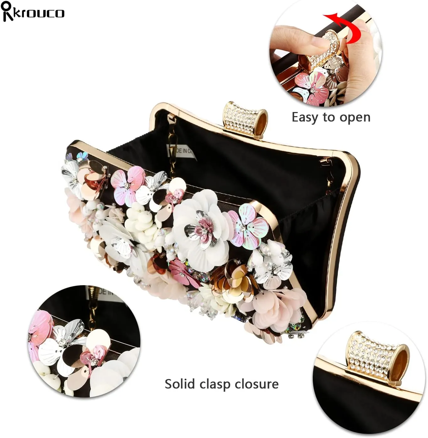Women's Floral Evening Clutch Bag - Colorful Flower Handbag with Metal Rhinestones