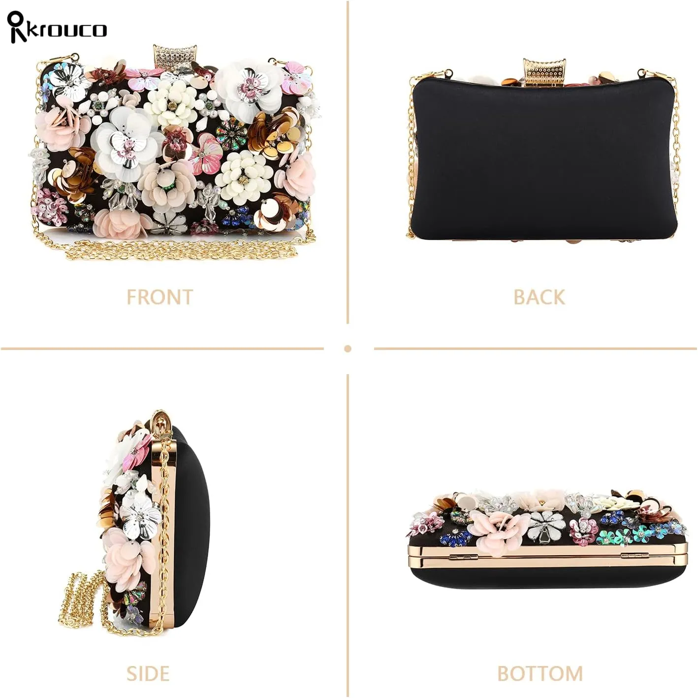 Women's Floral Evening Clutch Bag - Colorful Flower Handbag with Metal Rhinestones