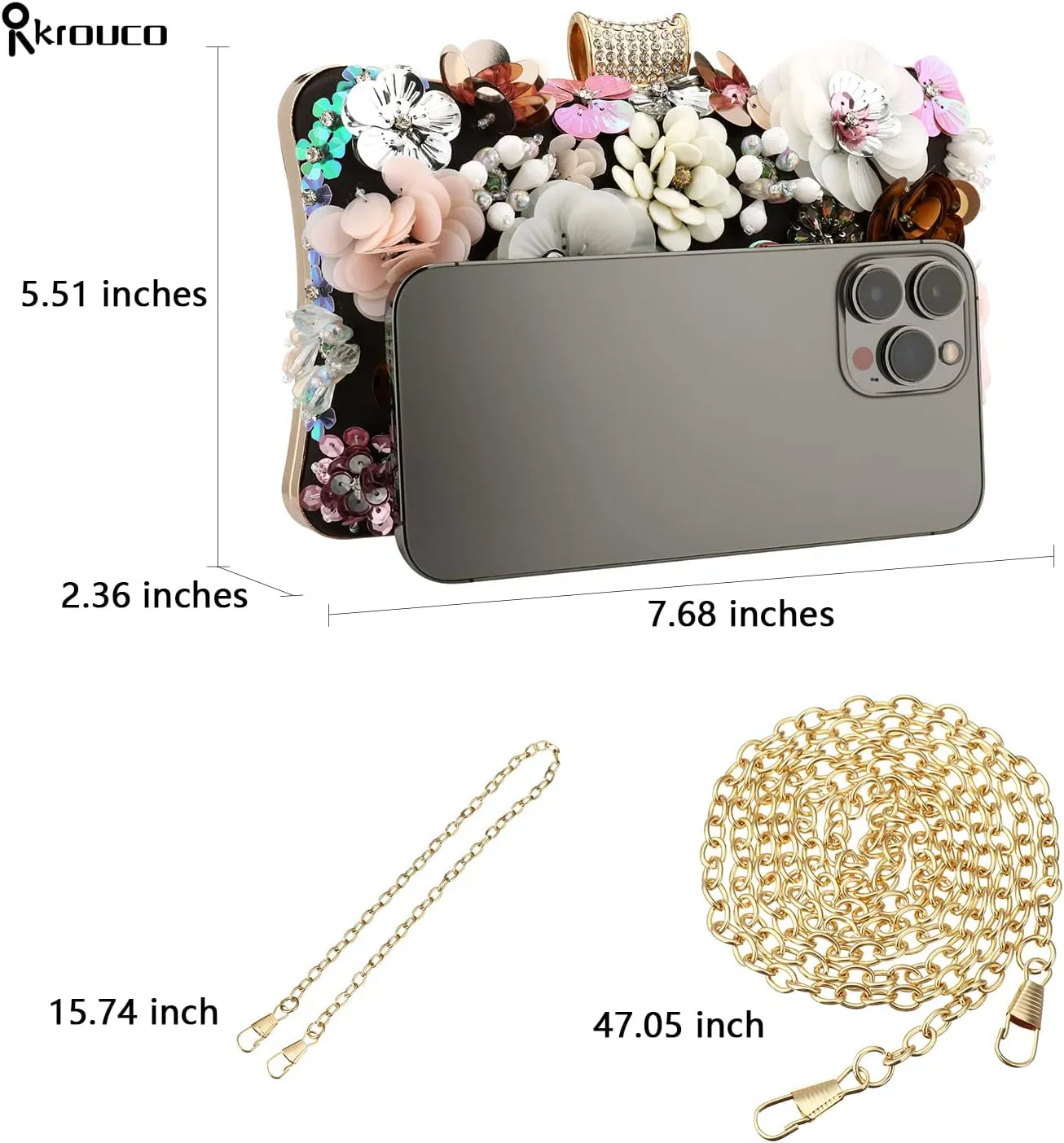 Women's Floral Evening Clutch Bag - Colorful Flower Handbag with Metal Rhinestones