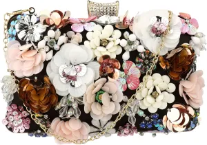 Women's Floral Evening Clutch Bag - Colorful Flower Handbag with Metal Rhinestones