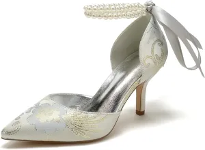 Women's Floral Satin Pointed Toe Kitten Heels Pearl Wedding Shoes for Bride Prom Party Dress Shoes Pumps