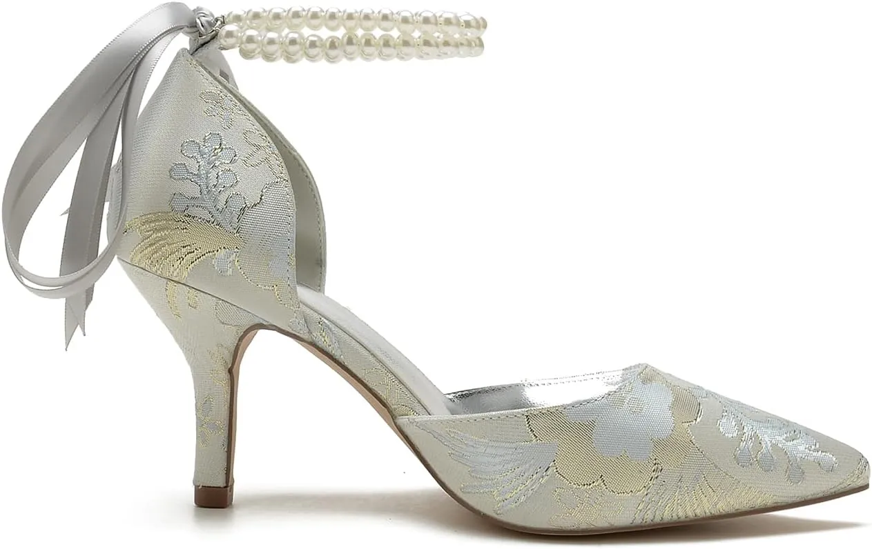 Women's Floral Satin Pointed Toe Kitten Heels Pearl Wedding Shoes for Bride Prom Party Dress Shoes Pumps