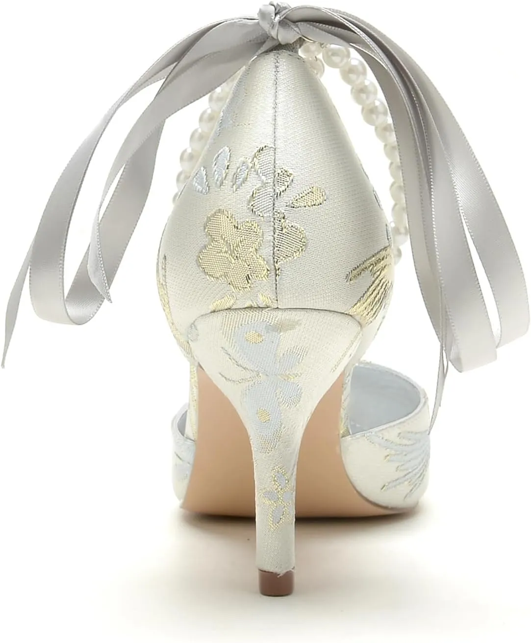 Women's Floral Satin Pointed Toe Kitten Heels Pearl Wedding Shoes for Bride Prom Party Dress Shoes Pumps