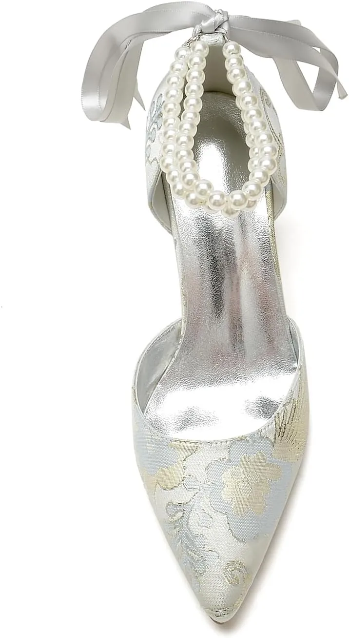Women's Floral Satin Wedding Shoes Pointed Toe Pumps Block Heel with Pearl Chains Bridal Heels for Bride Sandals