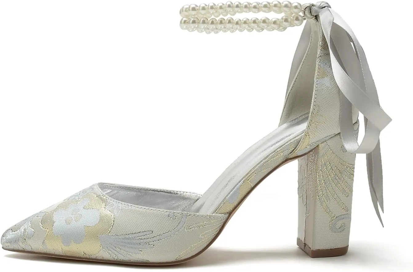 Women's Floral Satin Wedding Shoes Pointed Toe Pumps Block Heel with Pearl Chains Bridal Heels for Bride Sandals