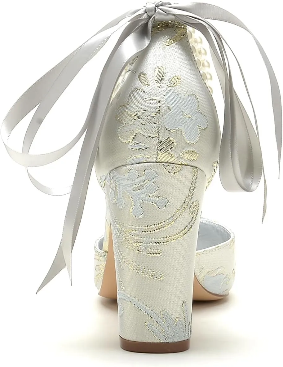 Women's Floral Satin Wedding Shoes Pointed Toe Pumps Block Heel with Pearl Chains Bridal Heels for Bride Sandals