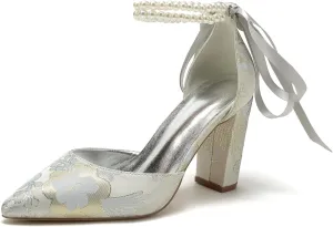 Women's Floral Satin Wedding Shoes Pointed Toe Pumps Block Heel with Pearl Chains Bridal Heels for Bride Sandals