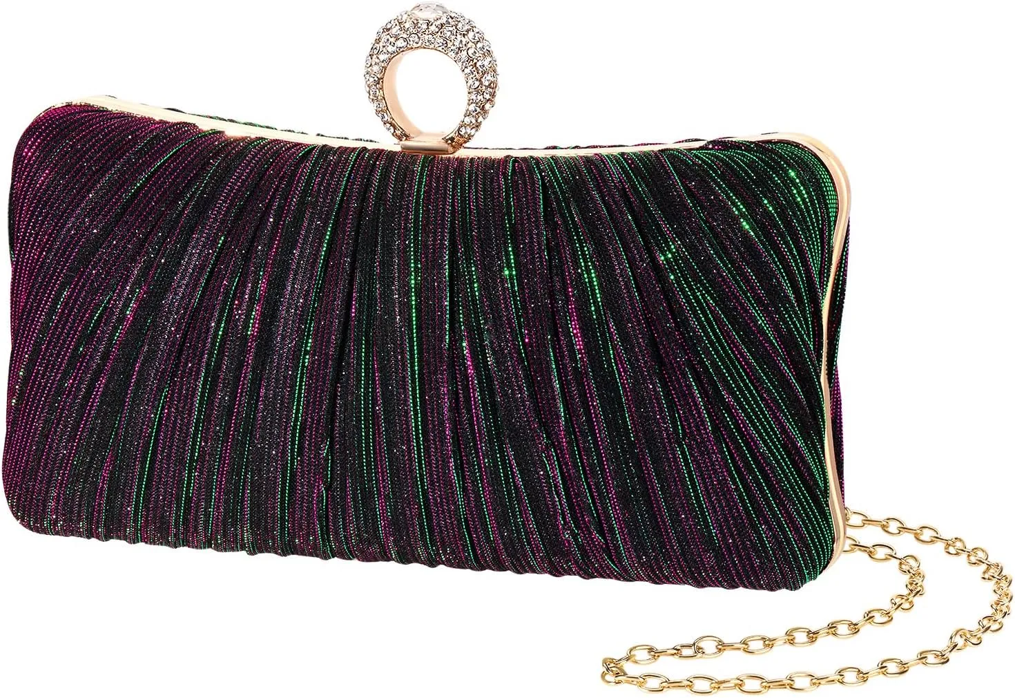 Womens Golden Glitter Clutch Purse Pleated Evening Bag for Bridal Wedding Party with Rhinestone Ring