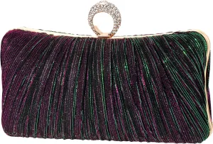Womens Golden Glitter Clutch Purse Pleated Evening Bag for Bridal Wedding Party with Rhinestone Ring