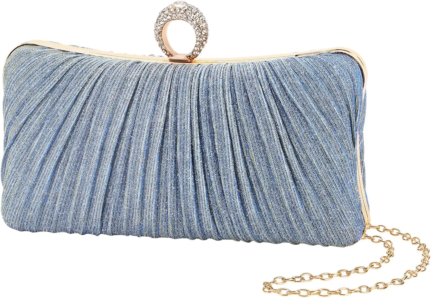 Womens Golden Glitter Clutch Purse Pleated Evening Bag for Bridal Wedding Party with Rhinestone Ring