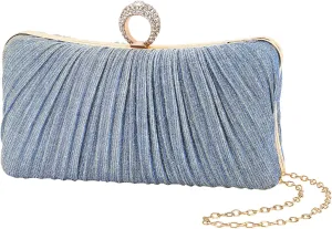 Womens Golden Glitter Clutch Purse Pleated Evening Bag for Bridal Wedding Party with Rhinestone Ring