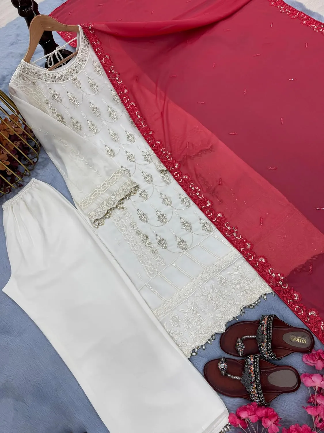 Women's Heavy Faux Georgette Embroidered Suit Set with Plazzo & Dupatta | 3mm Sequins Work | Full Stitched | Party Wear
