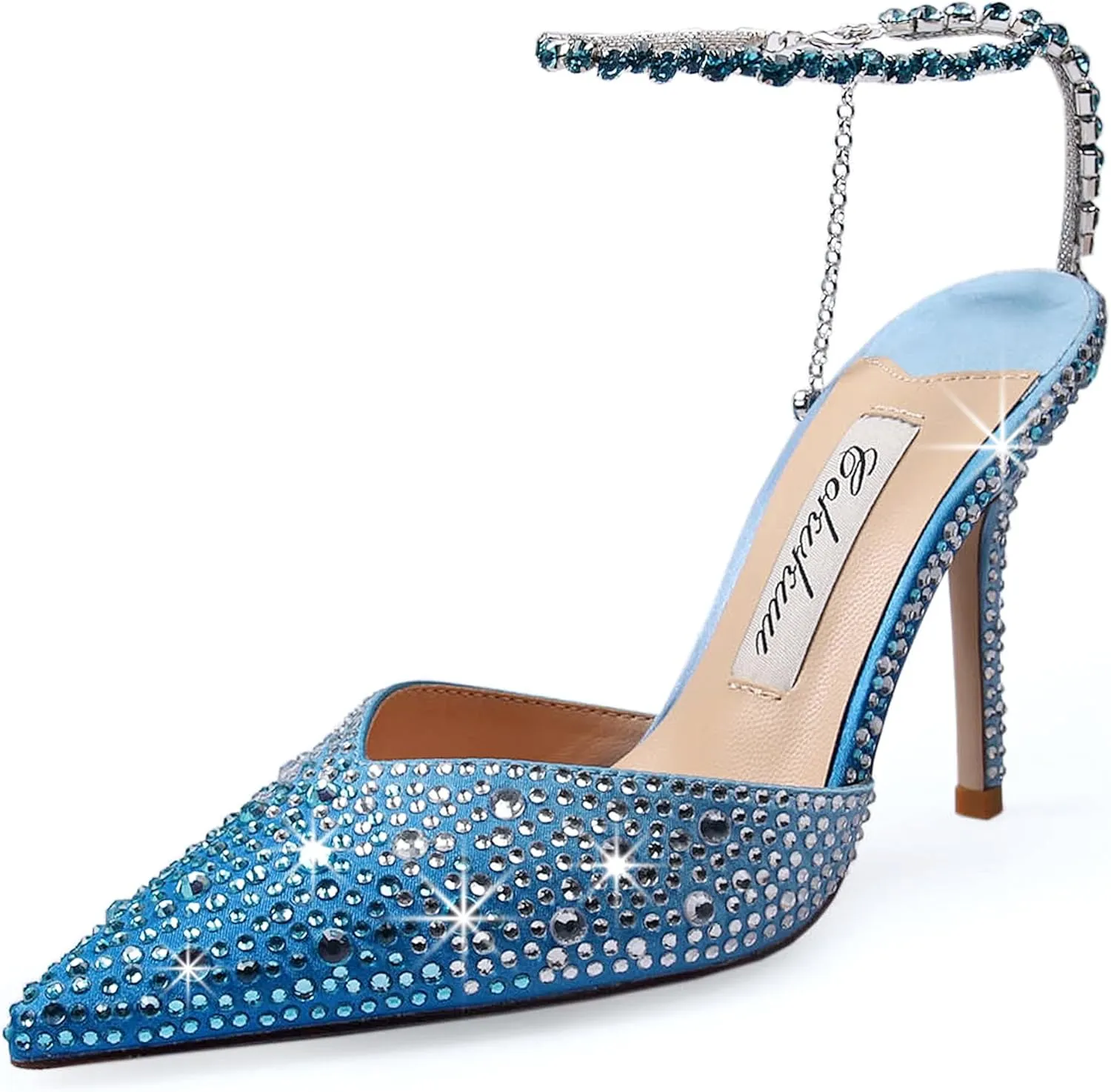 Women's Heeled Sandals Crystal Chain Ankle Straps Rhinestones Buckle High Heels Stiletto Slip On Wedding Party Satin Dress Shoes 3.9 IN