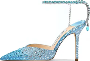 Women's Heeled Sandals Crystal Chain Ankle Straps Rhinestones Buckle High Heels Stiletto Slip On Wedding Party Satin Dress Shoes 3.9 IN