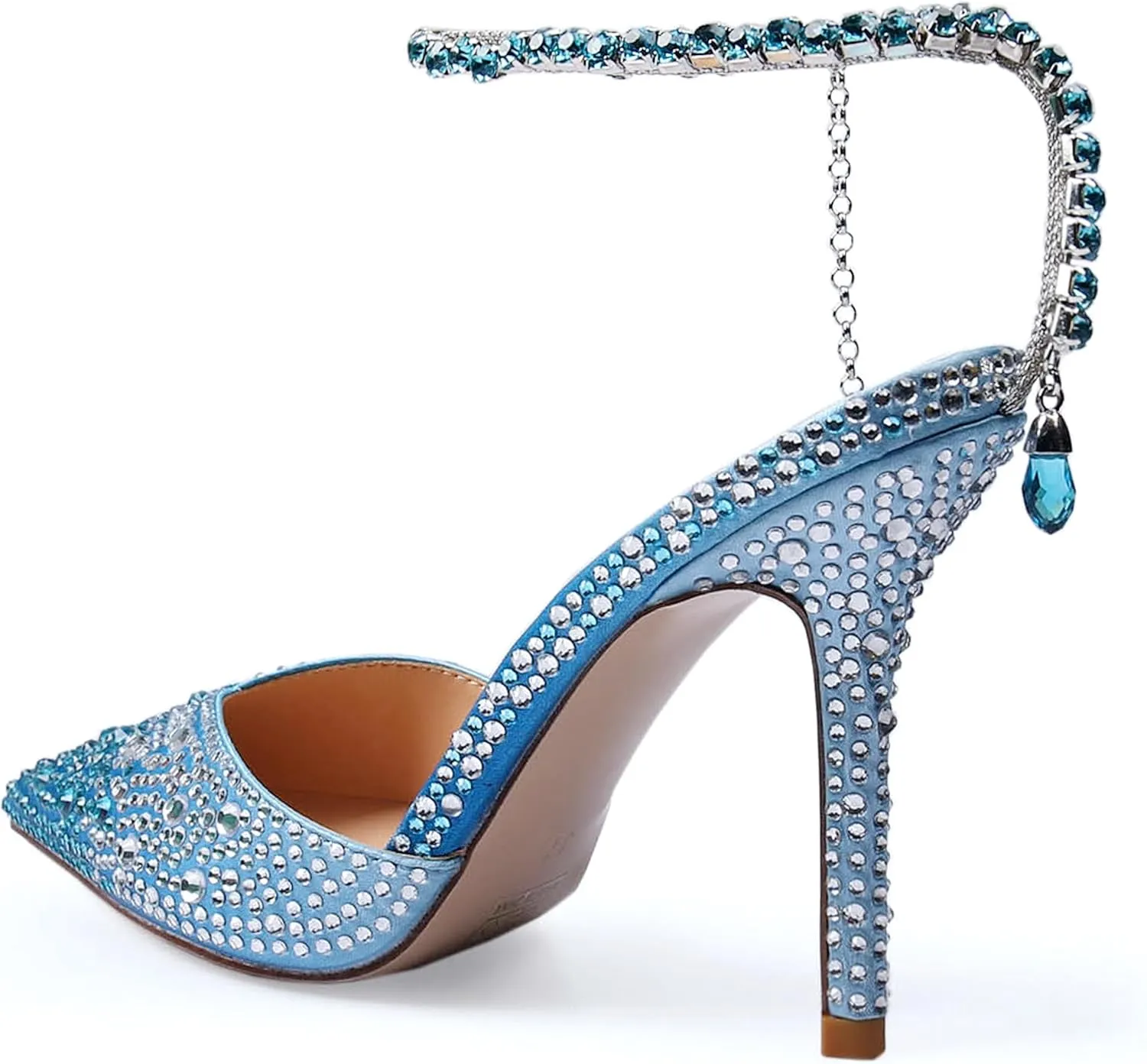 Women's Heeled Sandals Crystal Chain Ankle Straps Rhinestones Buckle High Heels Stiletto Slip On Wedding Party Satin Dress Shoes 3.9 IN