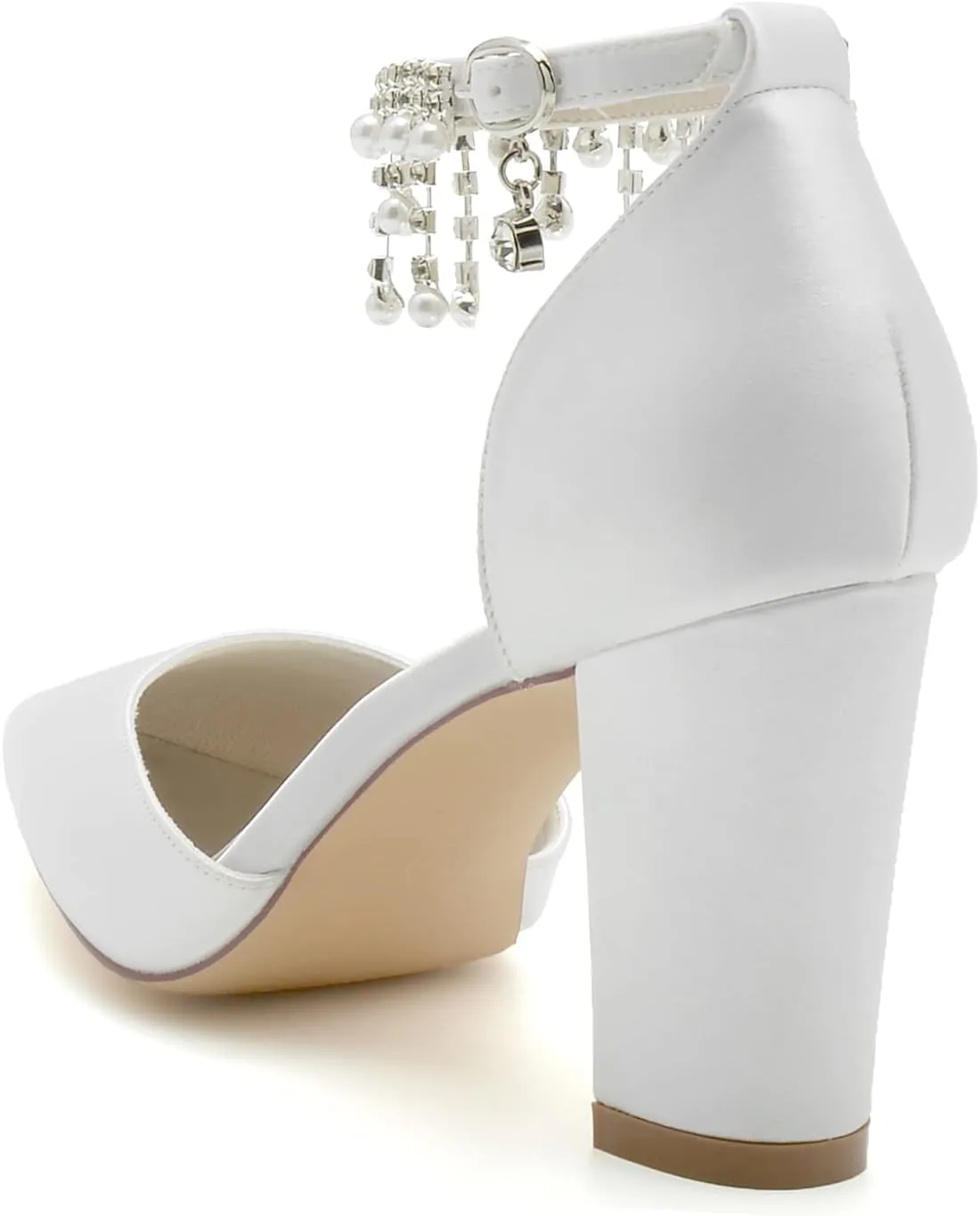 Women's High Block Heel Closed Toe Wedding Heel for Bride Chunky Satin Pumps with Pearls Prom Evening Dress Dance Shoes