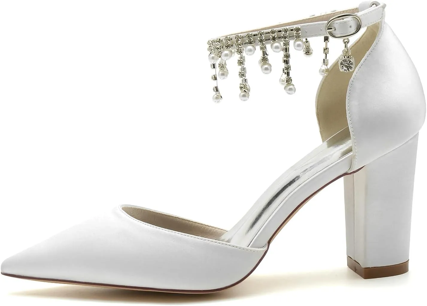 Women's High Block Heel Closed Toe Wedding Heel for Bride Chunky Satin Pumps with Pearls Prom Evening Dress Dance Shoes