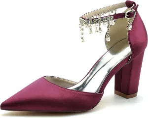 Women's High Block Heel Closed Toe Wedding Heel for Bride Chunky Satin Pumps with Pearls Prom Evening Dress Dance Shoes