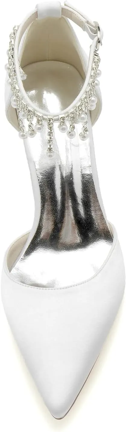 Women's High Block Heel Closed Toe Wedding Heel for Bride Chunky Satin Pumps with Pearls Prom Evening Dress Dance Shoes
