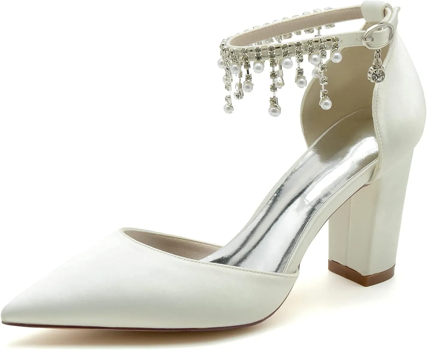 Women's High Block Heel Closed Toe Wedding Heel for Bride Chunky Satin Pumps with Pearls Prom Evening Dress Dance Shoes