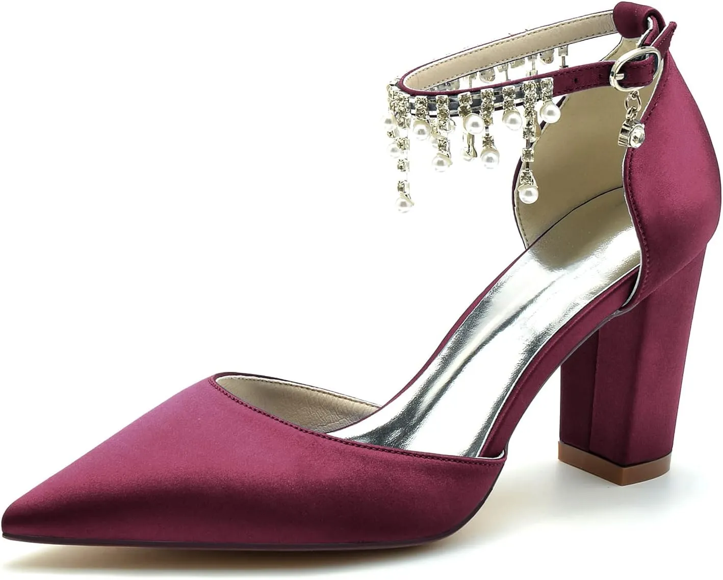 Women's High Block Heel Closed Toe Wedding Heel for Bride Chunky Satin Pumps with Pearls Prom Evening Dress Dance Shoes