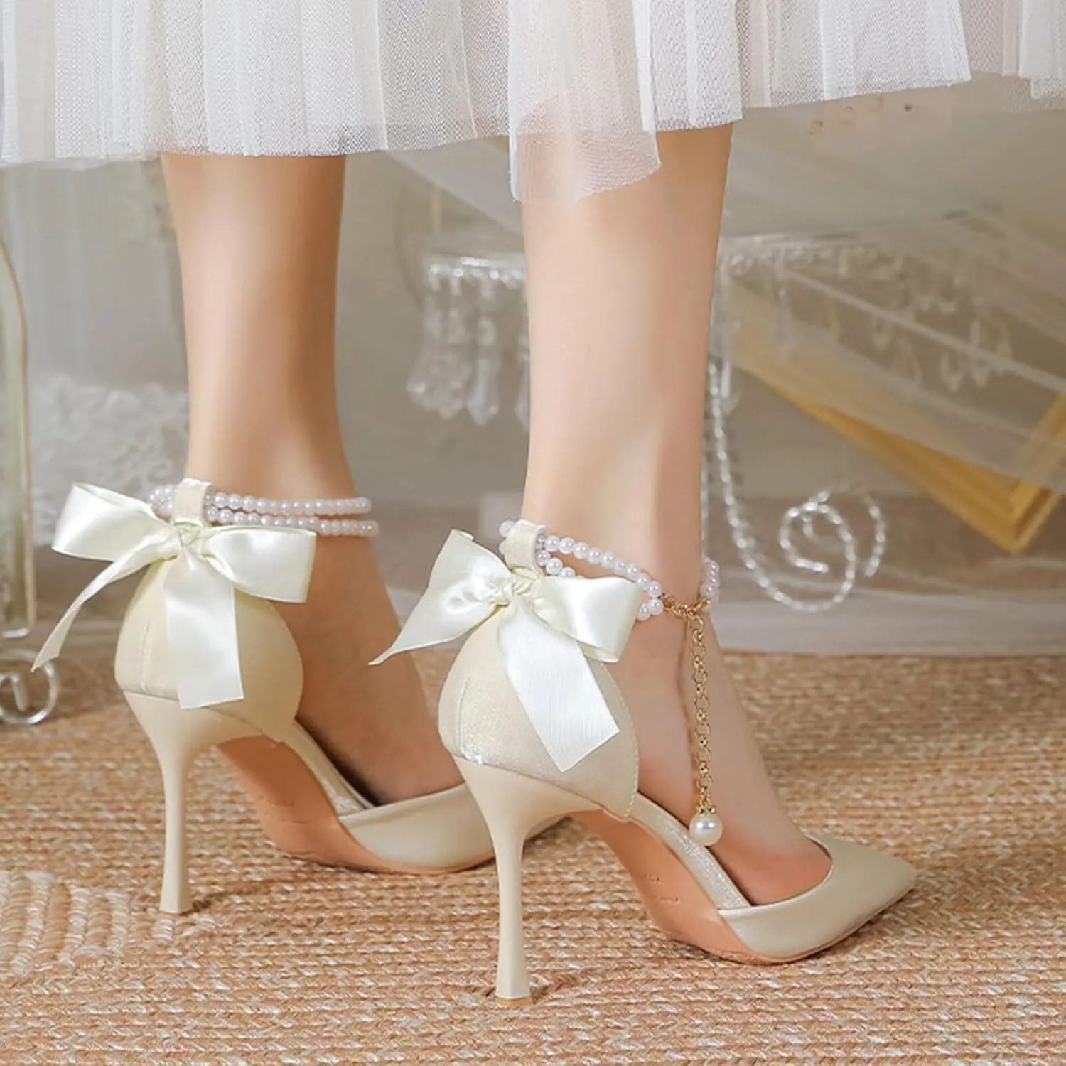 Women's High Heel Party Court Shoes Stiletto Pointed Toe Ankle Strap Pumps Shoes Satin Heeled Sandals
