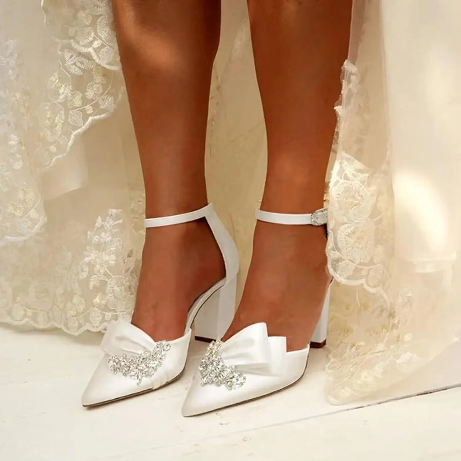 Women's High Heels Closed Toe Court Shoes Strappy Heeled Sandals Sexy Ankle Strap Pumps Wedding Bridal Party Dress Shoes with Rhinestone
