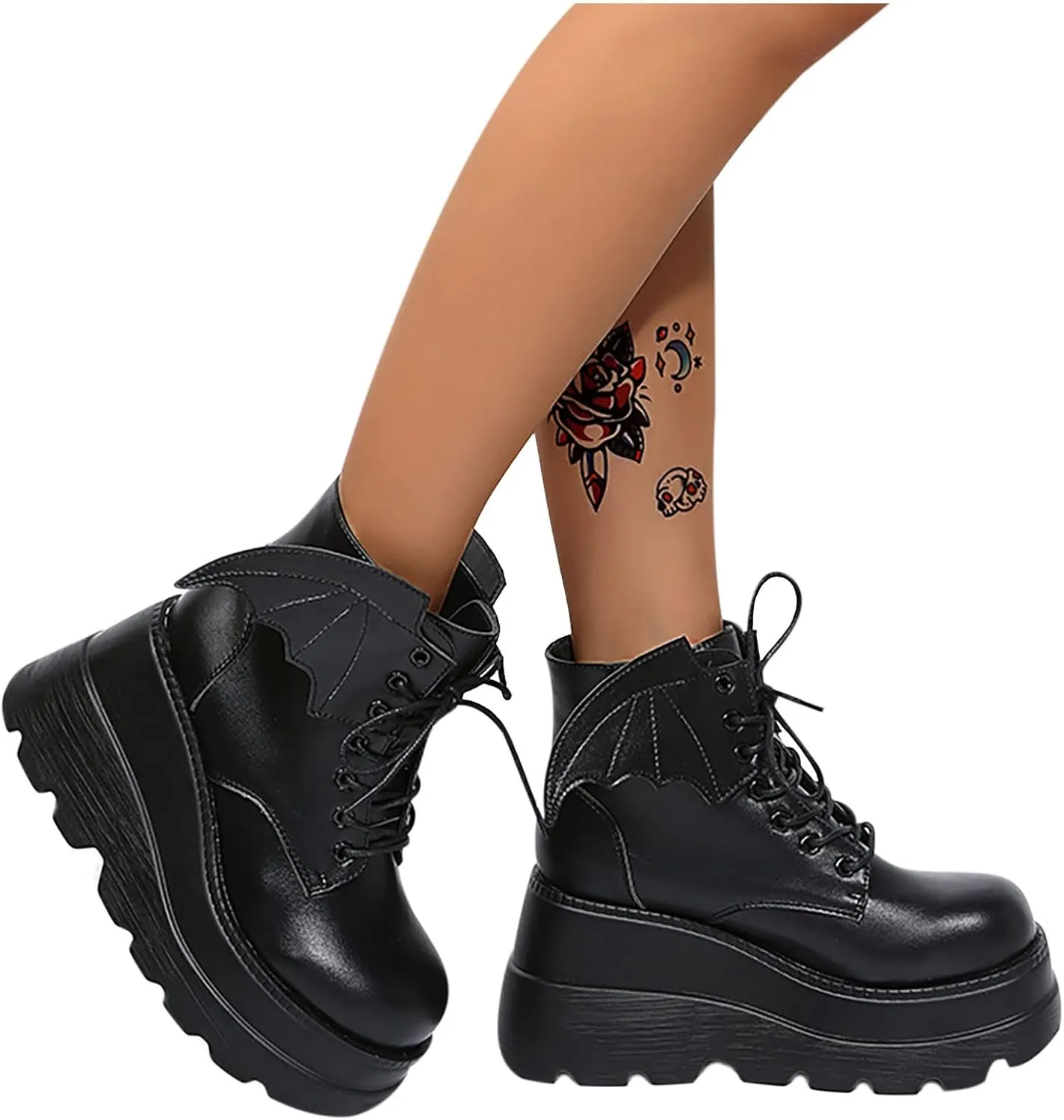 Womens High Platform Goth Ankle Booties Wedges Chunky High Heel Round-Toe Lace up Punk Combat Boots for Women