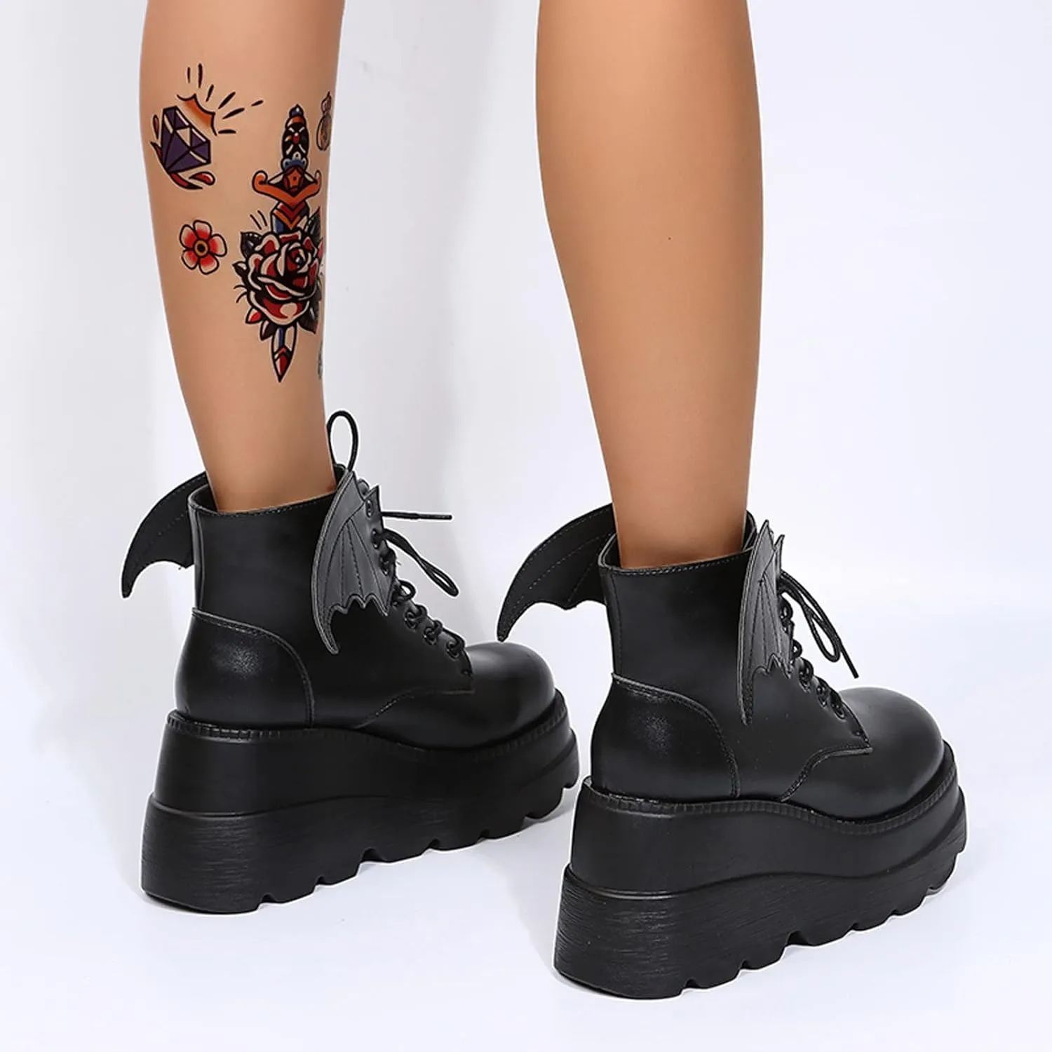 Womens High Platform Goth Ankle Booties Wedges Chunky High Heel Round-Toe Lace up Punk Combat Boots for Women