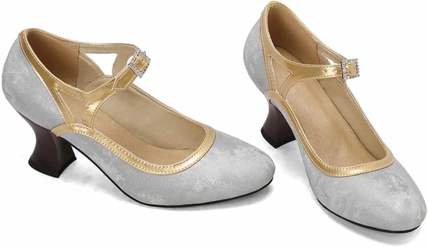 Women's Kitten Heels Mary Jane Pumps Round Closed Toe Ankle Strap Buckle Patchwork Classic Vintage Lolita Wedding Dress Shoes