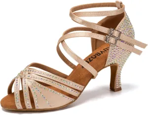 Women's Latin Dance Shoes Open Toe Rhinestones Salsa Bachata Performance Ballroom Dancing Shoes,Model YC-D27-Suede Sole-3” Heel