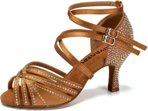 Women's Latin Dance Shoes Open Toe Rhinestones Salsa Bachata Performance Ballroom Dancing Shoes,Model YC-D27-Suede Sole-3” Heel
