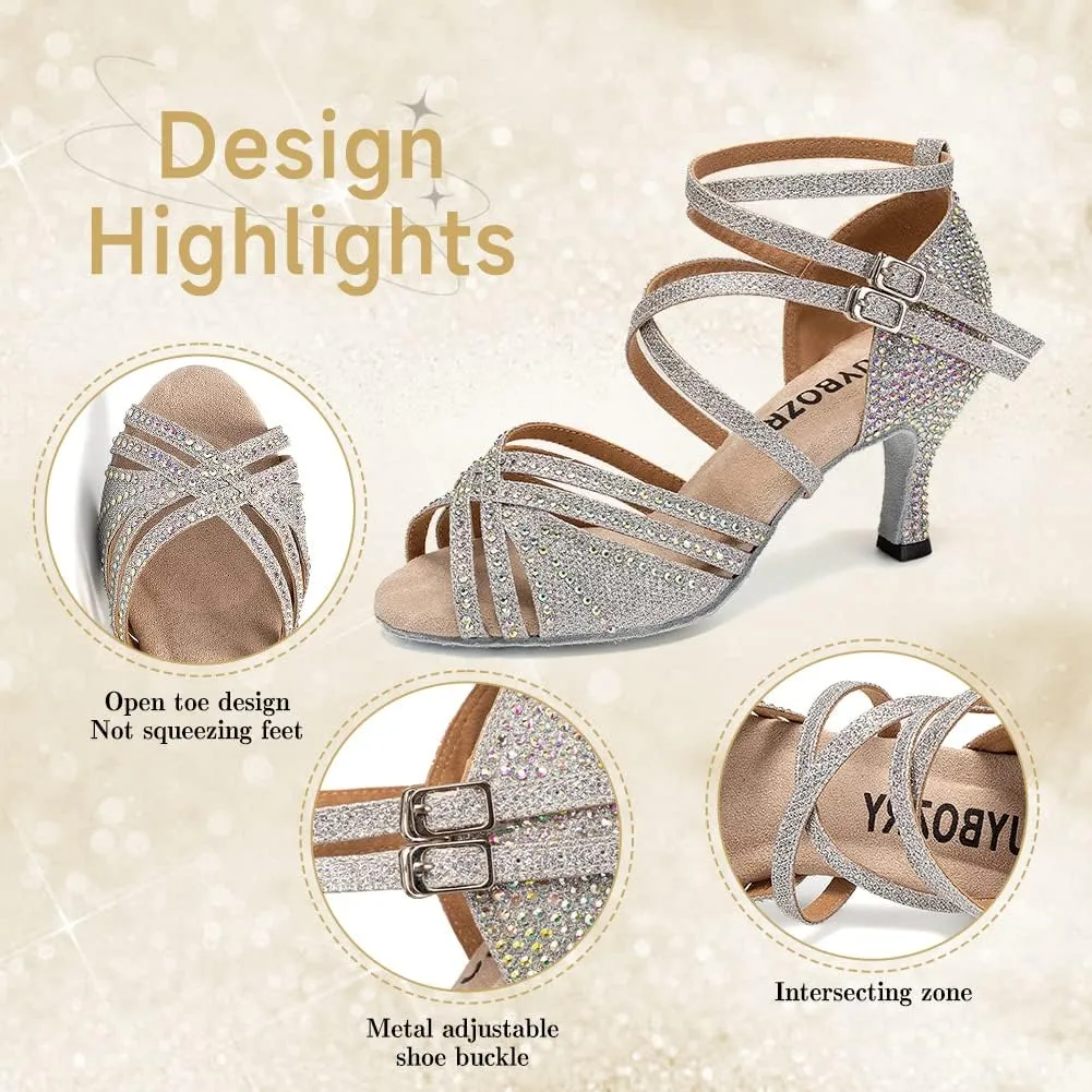 Women's Latin Dance Shoes Open Toe Rhinestones Salsa Bachata Performance Ballroom Dancing Shoes,Model YC-D27-Suede Sole-3” Heel