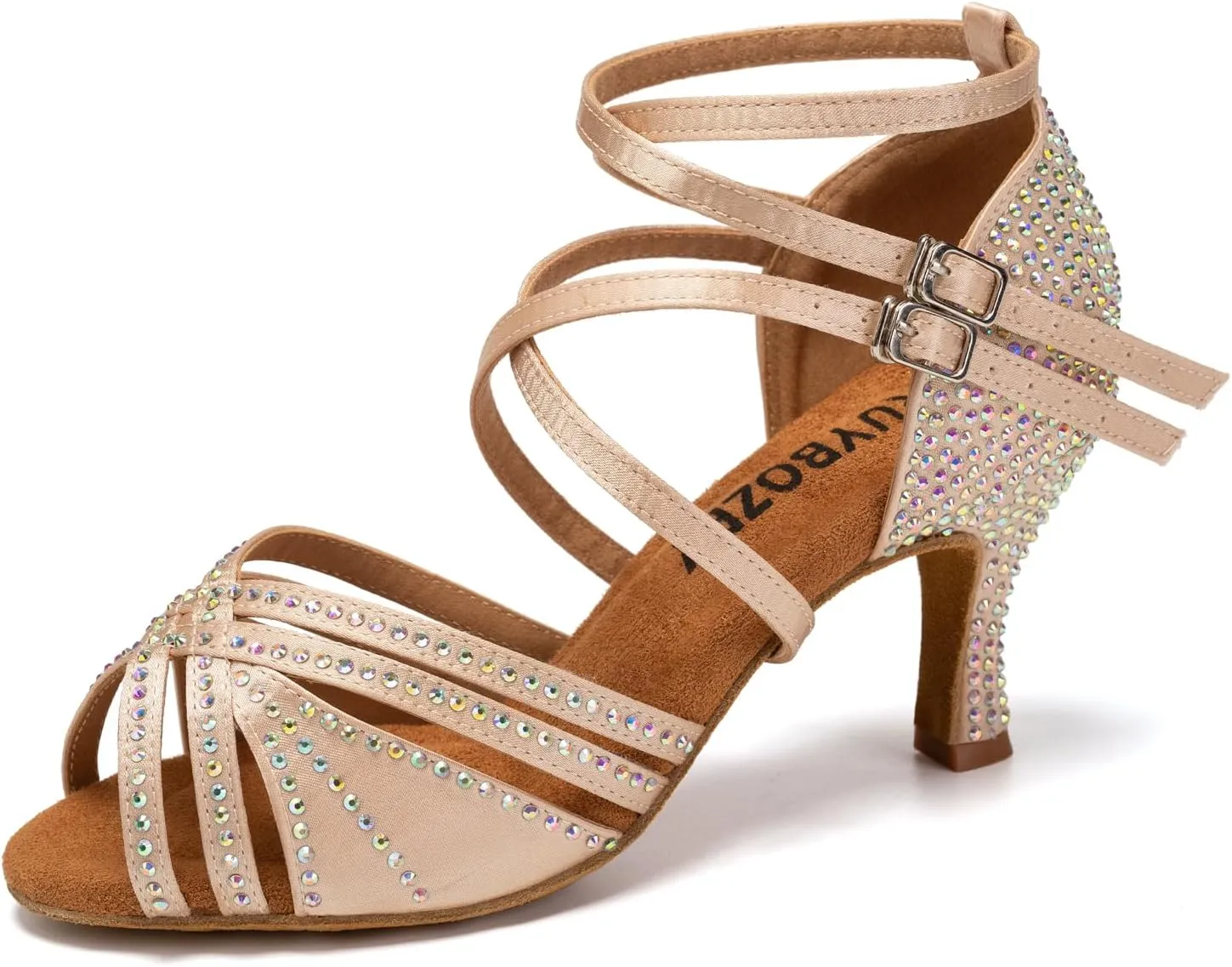 Women's Latin Dance Shoes Open Toe Rhinestones Salsa Bachata Performance Ballroom Dancing Shoes,Model YC-D27-Suede Sole-3” Heel
