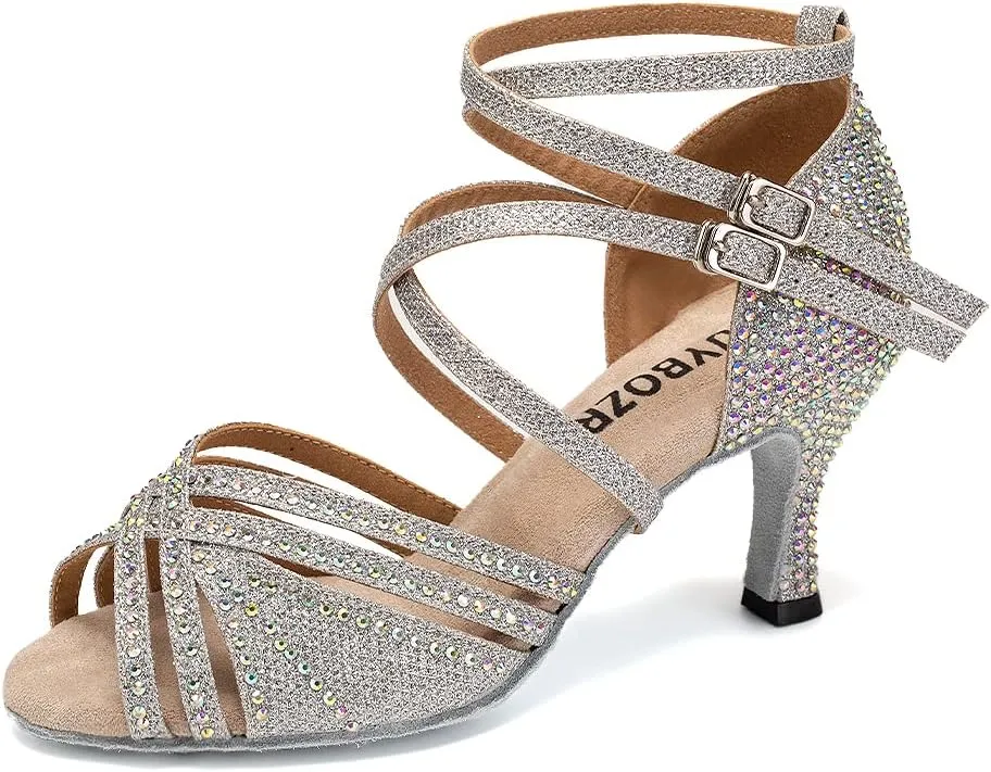 Women's Latin Dance Shoes Open Toe Rhinestones Salsa Bachata Performance Ballroom Dancing Shoes,Model YC-D27-Suede Sole-3” Heel