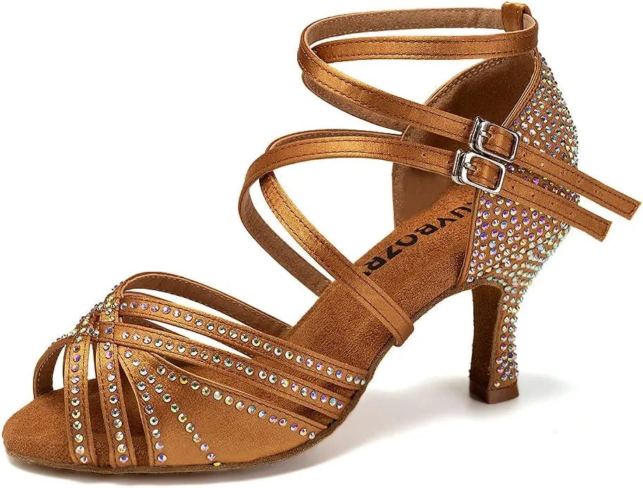 Women's Latin Dance Shoes Open Toe Rhinestones Salsa Bachata Performance Ballroom Dancing Shoes,Model YC-D27-Suede Sole-3” Heel