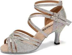 Women's Latin Dance Shoes Open Toe Rhinestones Salsa Bachata Performance Ballroom Dancing Shoes,Model YC-D27-Suede Sole-3” Heel