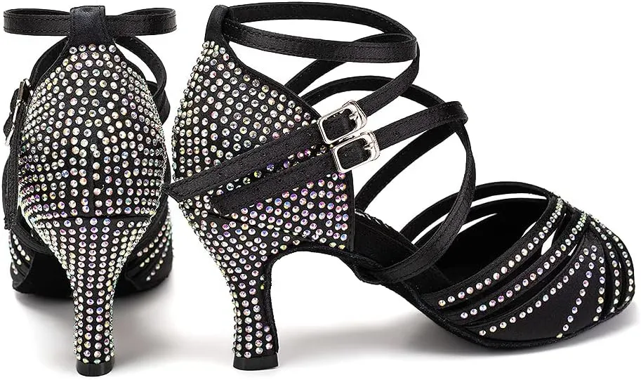 Women's Latin Dance Shoes Open Toe Rhinestones Salsa Bachata Performance Ballroom Dancing Shoes,Model YC-D27-Suede Sole-3” Heel