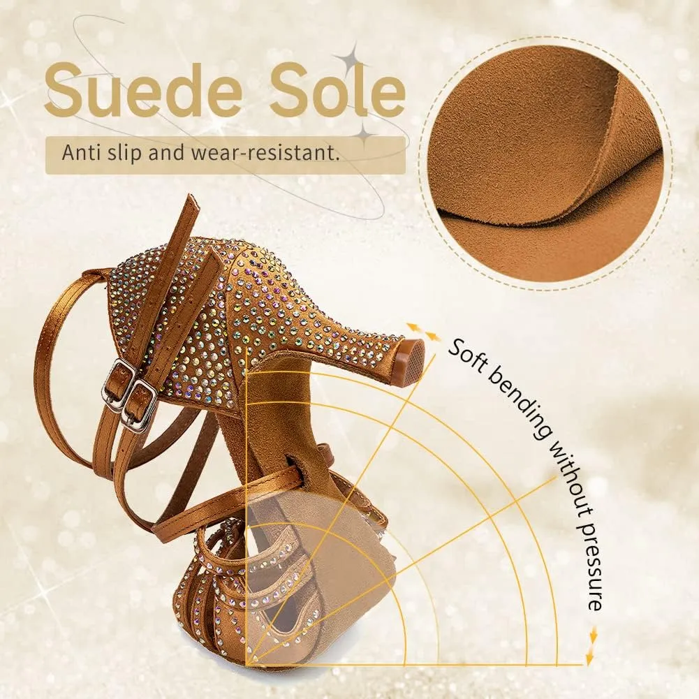 Women's Latin Dance Shoes Open Toe Rhinestones Salsa Bachata Performance Ballroom Dancing Shoes,Model YC-D27-Suede Sole-3” Heel