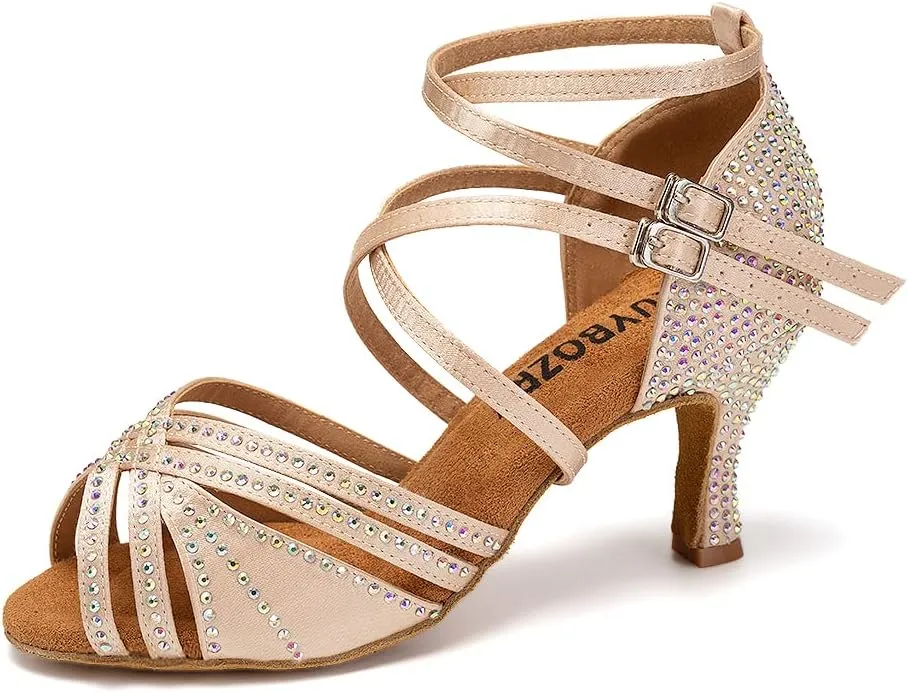 Women's Latin Dance Shoes Open Toe Rhinestones Salsa Bachata Performance Ballroom Dancing Shoes,Model YC-D27-Suede Sole-3” Heel