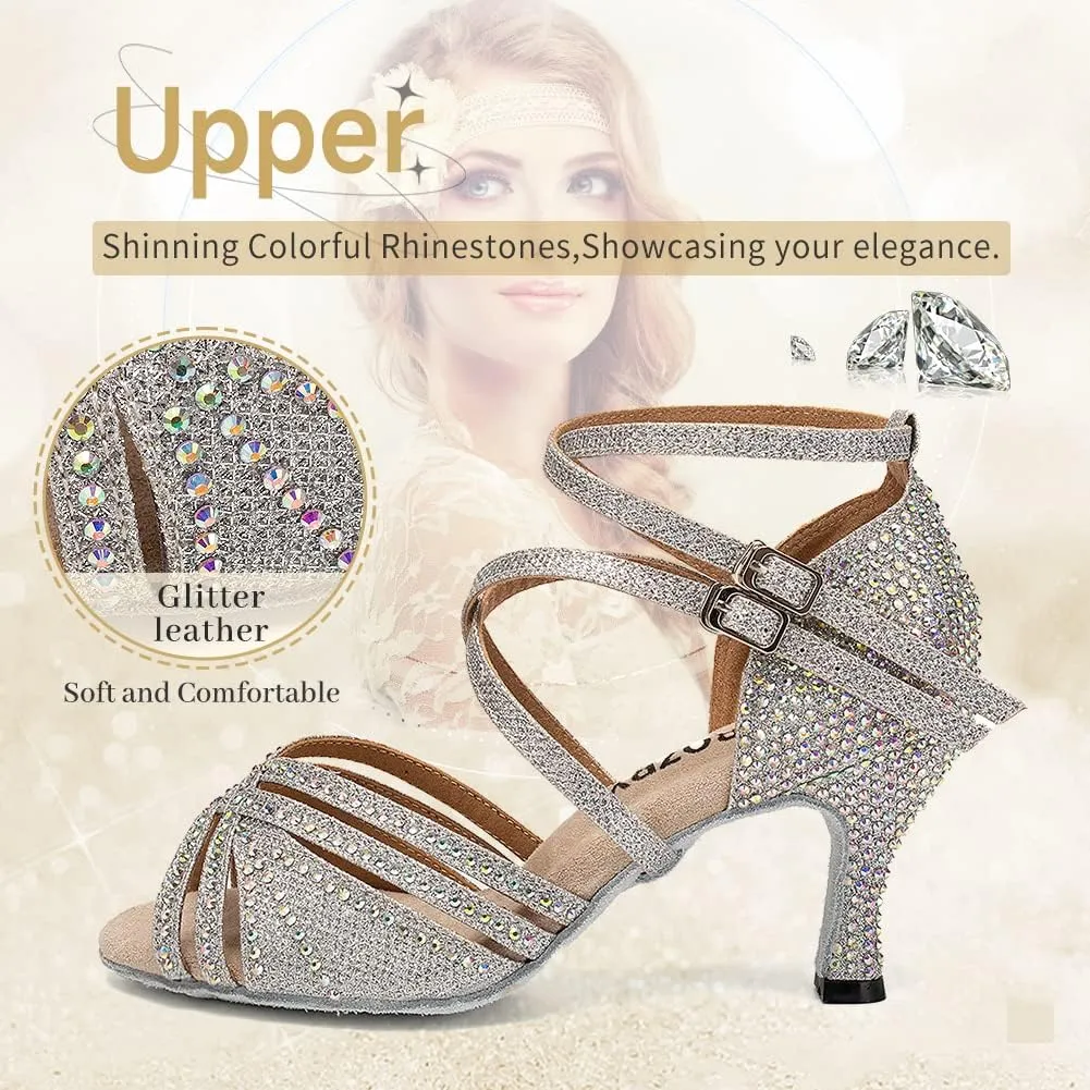 Women's Latin Dance Shoes Open Toe Rhinestones Salsa Bachata Performance Ballroom Dancing Shoes,Model YC-D27-Suede Sole-3” Heel