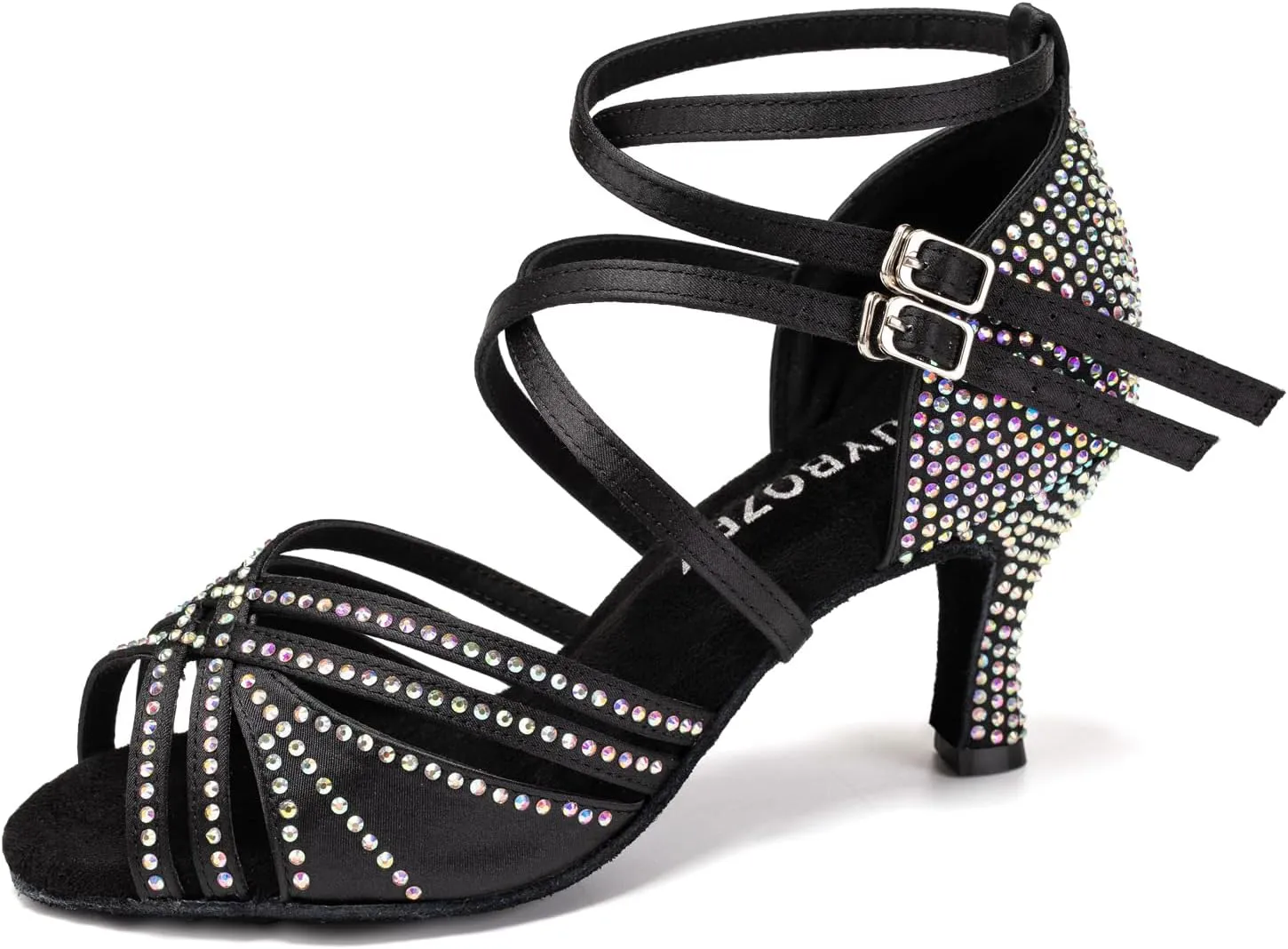 Women's Latin Dance Shoes Open Toe Rhinestones Salsa Bachata Performance Ballroom Dancing Shoes,Model YC-D27-Suede Sole-3” Heel