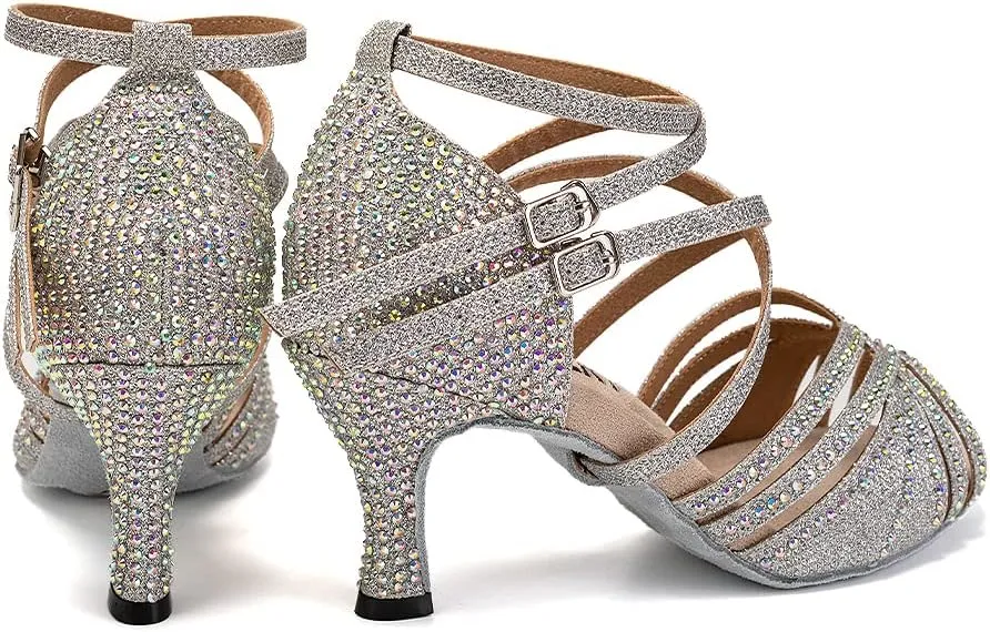Women's Latin Dance Shoes Open Toe Rhinestones Salsa Bachata Performance Ballroom Dancing Shoes,Model YC-D27-Suede Sole-3” Heel