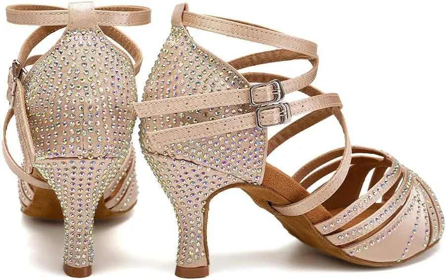 Women's Latin Dance Shoes Open Toe Rhinestones Salsa Bachata Performance Ballroom Dancing Shoes,Model YC-D27-Suede Sole-3” Heel