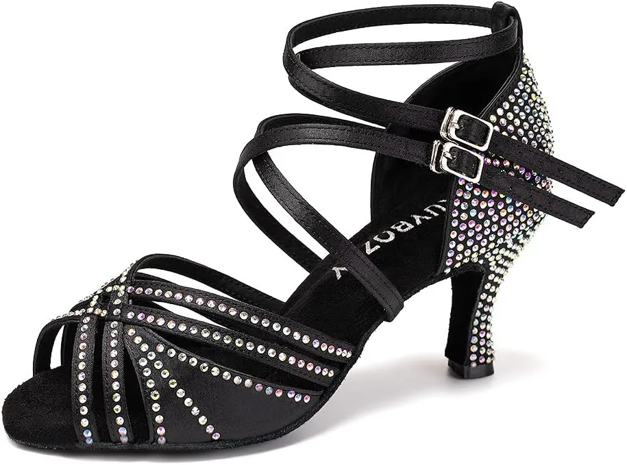 Women's Latin Dance Shoes Open Toe Rhinestones Salsa Bachata Performance Ballroom Dancing Shoes,Model YC-D27-Suede Sole-3” Heel