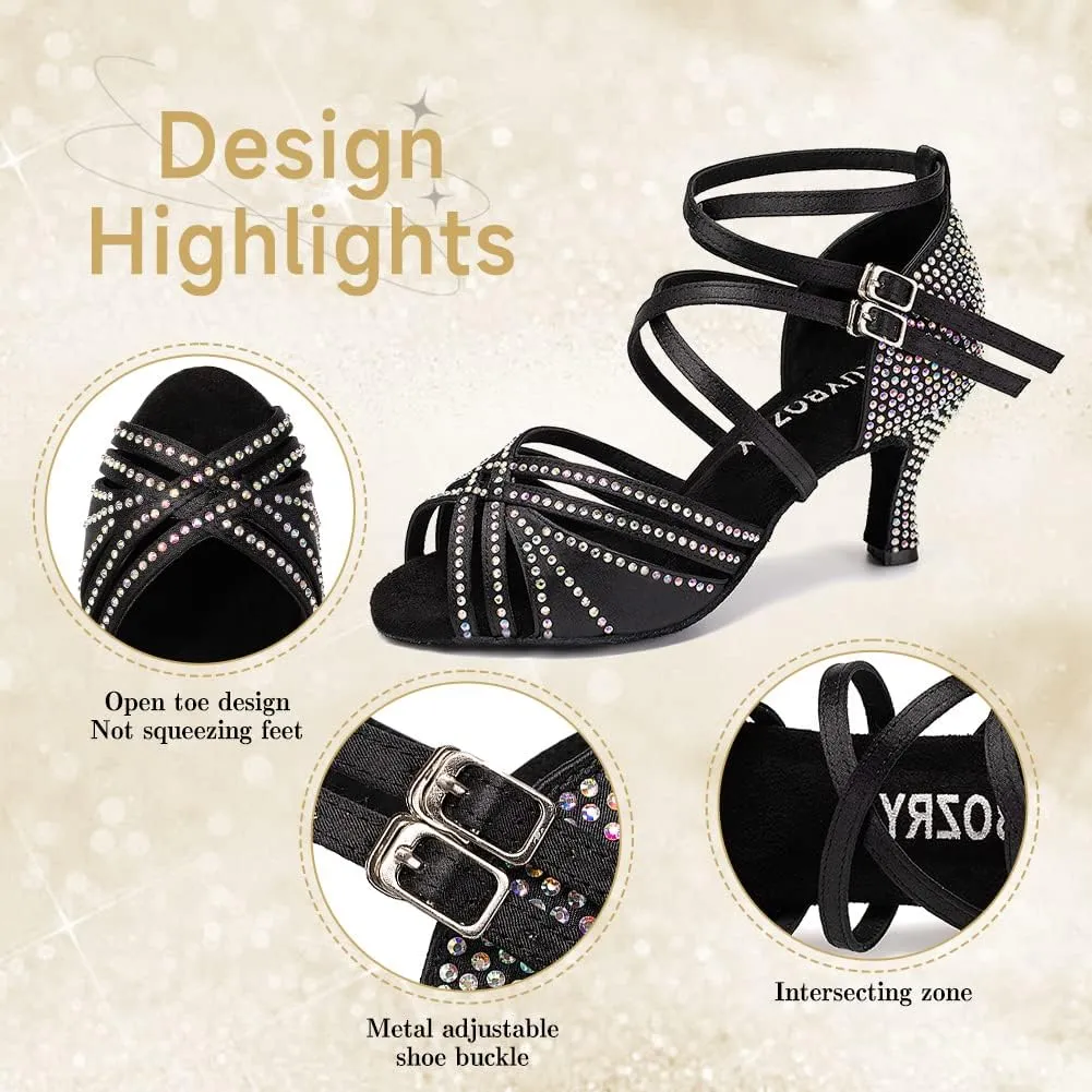 Women's Latin Dance Shoes Open Toe Rhinestones Salsa Bachata Performance Ballroom Dancing Shoes,Model YC-D27-Suede Sole-3” Heel