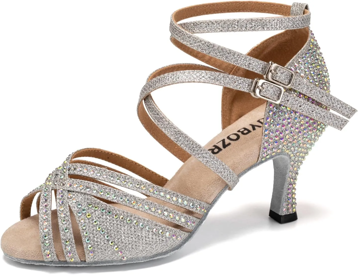 Women's Latin Dance Shoes Open Toe Rhinestones Salsa Bachata Performance Ballroom Dancing Shoes,Model YC-D27-Suede Sole-3” Heel